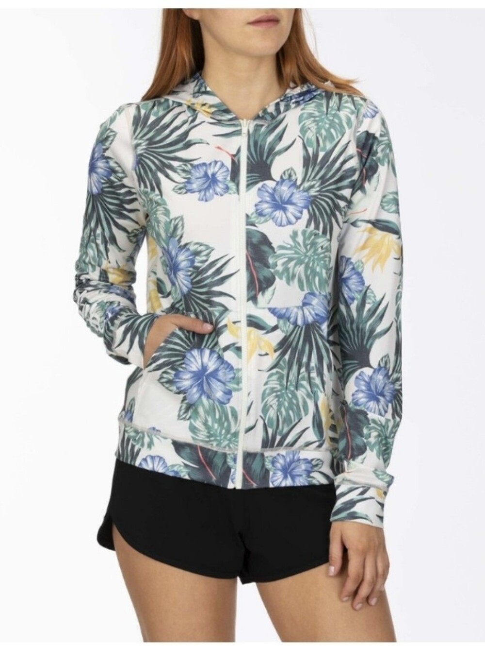 HURLEY Women's UPF 50+ Full-Zip Long-Sleeve Hoodie Floral Rashguard White XL